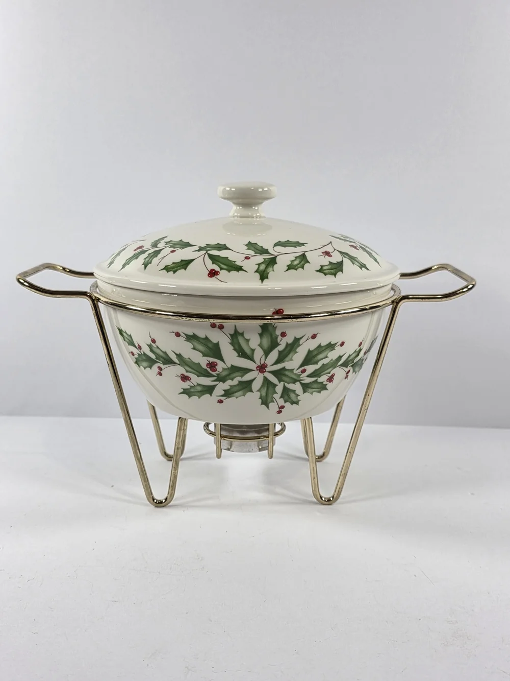 Lenox HOLIDAY Covered Warmer w/Rack Holly And Berry 1 Quart Original Box